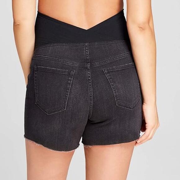 Isabel Maternity Midi Jean Short Womens 2 Black Crossover Panel Pull On Raw Hem - Picture 3 of 16